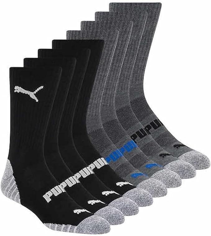 Puma Men's Cool Max Moisture Wicking Athletic Crew Socks, 8 Pair, Fits Shoe Sizes 6-12 (US, Numeric, 6, 12, Regular, Regular, Black/Grey)
