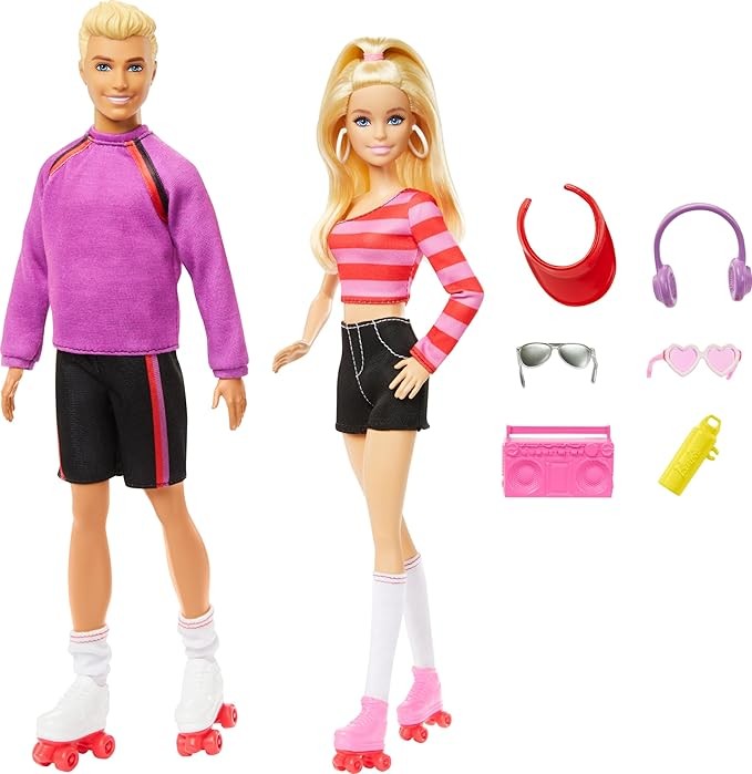 Barbie Fashionistas Set with 2 Fashion Dolls & 6 Accessories, Ken Roller-Skating Fashion Dolls, 65th Anniversary Collectible (Amazon Exclusive)