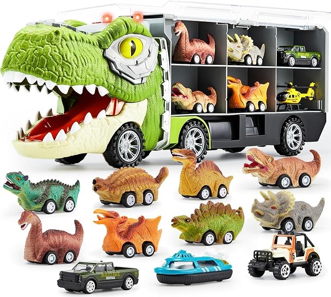 JOYIN 13 in 1 Dinosaur Toys for Kids 3-5, Dinosaur Truck with 12 Pull Back Cars, Small Cars Set, Birthday Gifts Toys for 3 4 5+ Year Old Boy, Transport Carrier Truck for Toddlers 3-4 Years