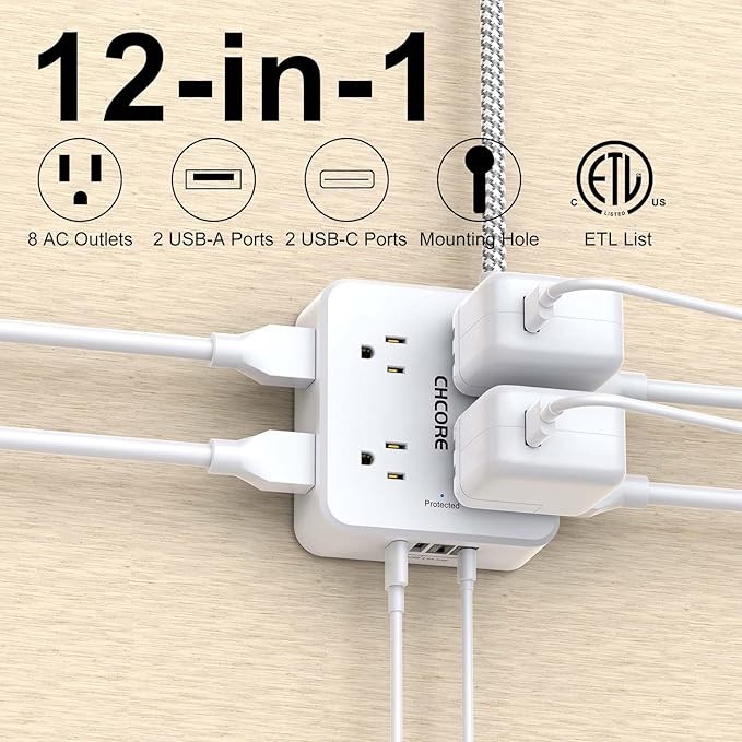 Surge Protector Power Strip - CHCORE 5-Foot Braided Extension Cord with 8 Outlets and 4 USB (2 USB-C) Charging Ports, Flat Plug Multi-Prong Outlet Extender Charging Station for Home Office, ETL, White