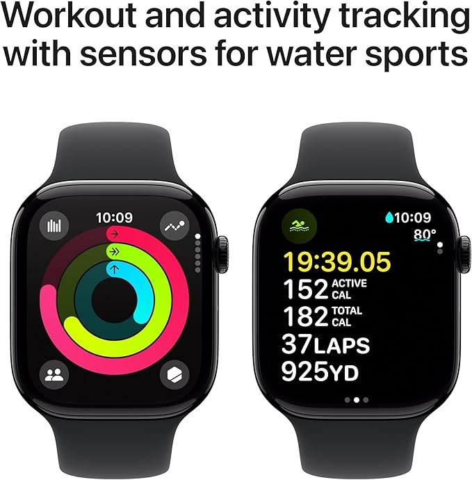 Apple Watch Series 10 [GPS 46mm Case] ​​Smartwatch with a glossy black aluminum case and black sport band - M/L. Fitness tracker, ECG app, always-on Retina display, and water resistance.