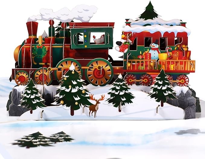 Magic Ants 3D Pop-Up Christmas Card, Festive Christmas Train in Snowy Winter Landscape, Holiday Greeting Card for Family, Friends, Kids, Santa Claus, Snowman, and Reindeer