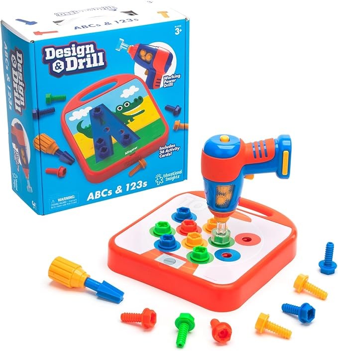 Educational Insights Design & Drill ABCs & 123s - Construction Toys & Toddler Tools, Kids Tool Set with Real Electric Drill Toy, Preschool Learning Activities, Building Kits and Gifts for Ages 3+