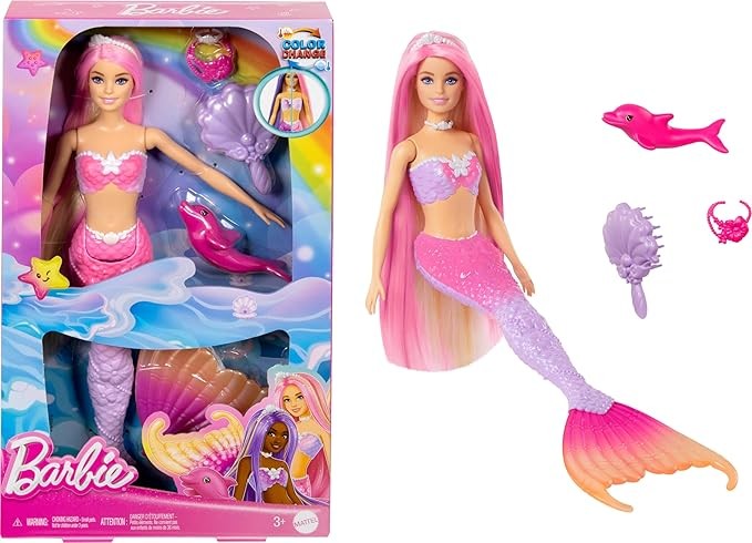 Barbie Mermaid Doll, “Malibu” with Pink Hair, Styling Accessories, Pet Dolphin and Water-Activated Color Change Feature