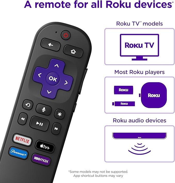 Roku Voice Remote | Replacement TV remote with voice control, simple setup, and preset app shortcuts - Compatible with Roku TVs, players, and audio devices