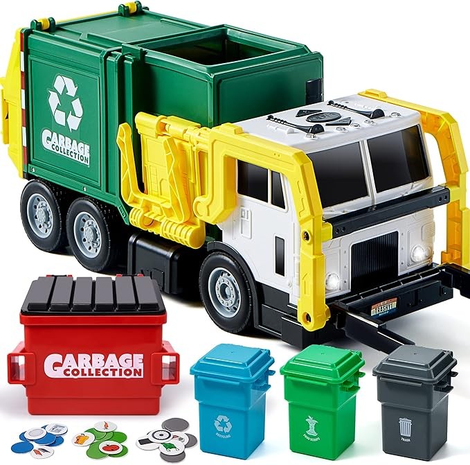 JOYIN Large Friction Powered Garbage Truck Toy Set, Includes Dumpster, Trash Bins, and Learning Cards for Kids, Boy Toys Birthday Gift for Boys Girls Kids Toddler Gift for Christmas
