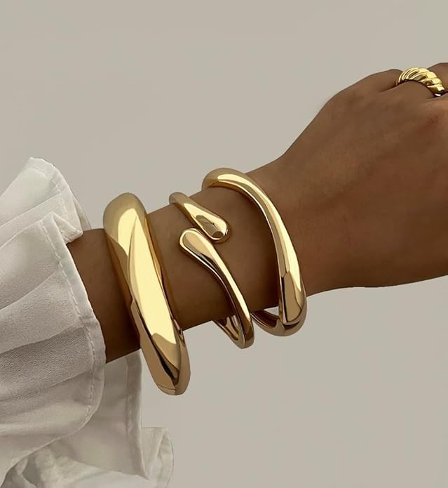 Chunky Gold Bangle Bracelets for Women, Dainty 14k Gold Plated Big Stackable Bangles Set, Trendy Statement Cuff Bracelet Stack Fashion Jewelry Gifts