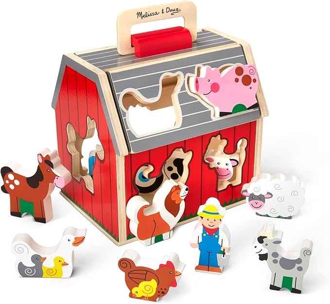 Melissa & Doug Take-Along Wooden Toy Barn, 11-Pc Portable Toddler Playset with Farm Animals & Pop-Up Roof, Preschool Learning Toys for Girls & Boys 2+