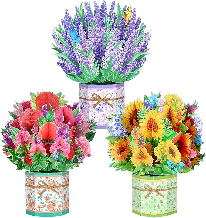 3 Pack Paper Flower Pop Up Cards,Forever Bouquet 3D Popup Paper Greeting Cards with Note Cards and Envelopes for all occasion,Mother's Day Gift,Anniversary,Birthday,Valentine,Christmas