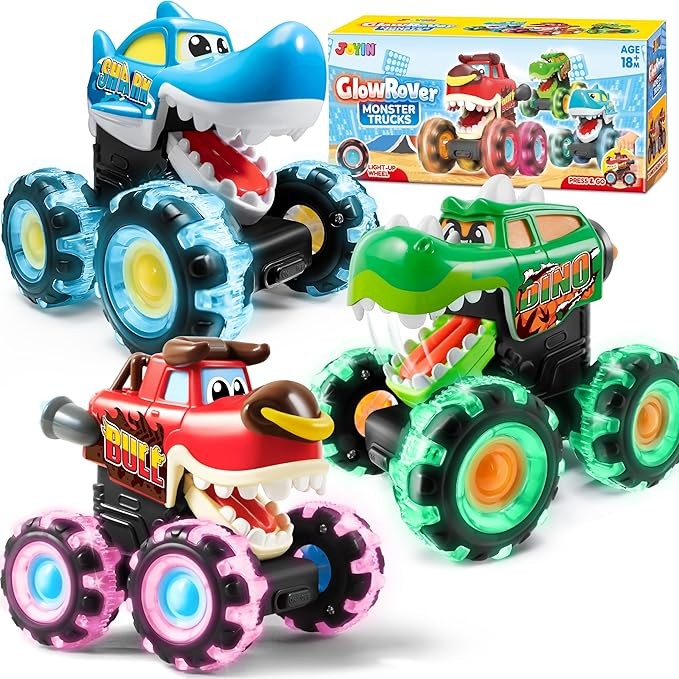 JOYIN 3 Pack Monster Truck Toy - Motion Activated Light-Up Cars for Toddlers - Monster Treads Lightning Wheels - Baby Toy Trucks - Press & Go Cars for Kids Boys Birthday Gifts for Christmas