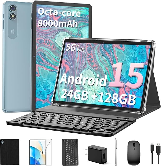 2025 Android 15 Tablet with Keyboard, 24GB+128GB+2TB Expand, 10.1 Inch Octa-Core 2-in-1 Tablets with 5G/2.4G WiFi, 8000mAh, BT5.0, GMS Certified, with Mouse, Case, Stylus, Split Screen(Black case)