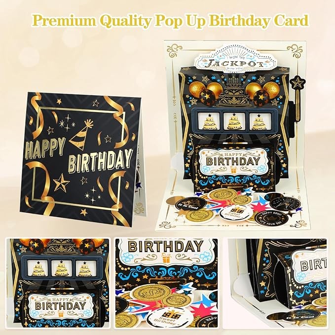 D4DREAM Happy Birthday Pop Up Card - 6''x 6'' Casino Jackpot Birthday Gift Cards with Envelope - 3d Funny Slot Machine Designed Happy Bday Card for Women Men Mother Father Husband Boss