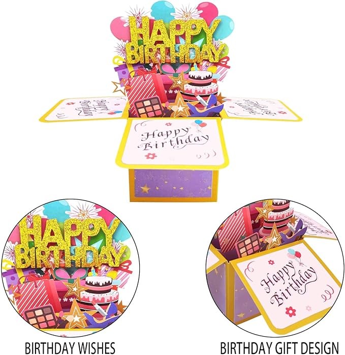 3D Pop Up Birthday Card Transforming into Gift Box Laser Cut & Hot Stamping, Customizable Funny Cards for Women, Kids, Family with Blank Message Card & Envelope