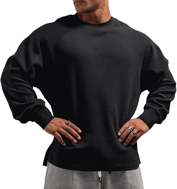 JEEING GEAR Men's Basic Long Sleeve Waffle Sweatshirt Loose Fit Workout Pullover Crewneck Shirt