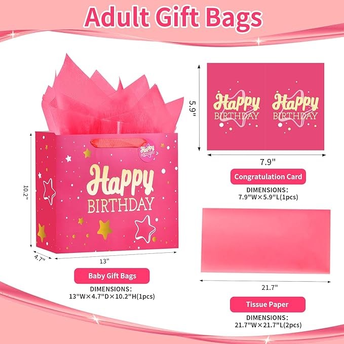 13" Pink Happy Birthday Gift Bag with Tissue Paper and Greeting Card for Party,Happy Birthday Gift Bag for Men Women,Gift Bags Medium size(1 PCS Pink Hot Stamping)