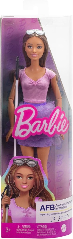 Barbie Fashionistas Doll #228, Blind Doll Wearing Pink Top and Ruffled Skirt with Cane and Sunglasses in Partnership with The American Foundation for The Blind