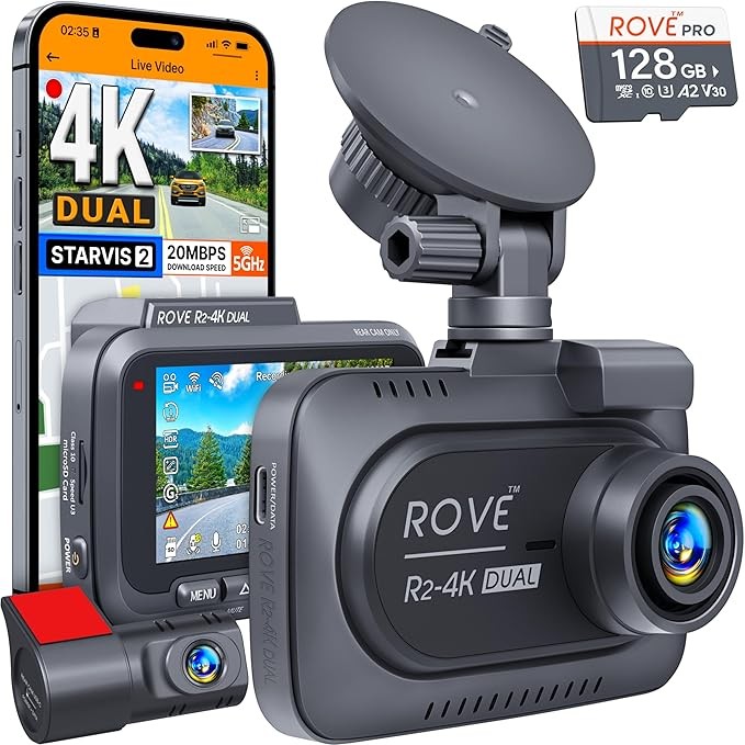 ROVE R2-4K Dual Camera Front and Rear Dash Cam, STARVIS 2 Sensor, Includes 128GB Memory Card, 5G WiFi - Up to 20MB/s Download Speed ​​(with App), 4K 2160P/FHD Car Dash Cam, 3" IPS Screen, 24-Hour Park