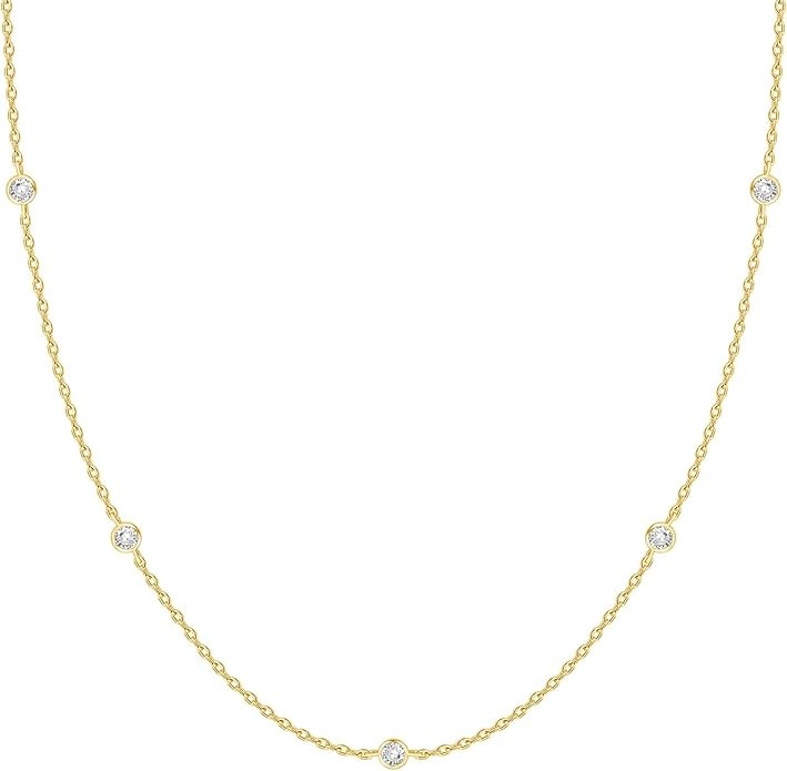 PAVOI 14K Gold Plated Station Necklace - Simulated Diamond BTY Layering Necklaces - Womens CZ Chain