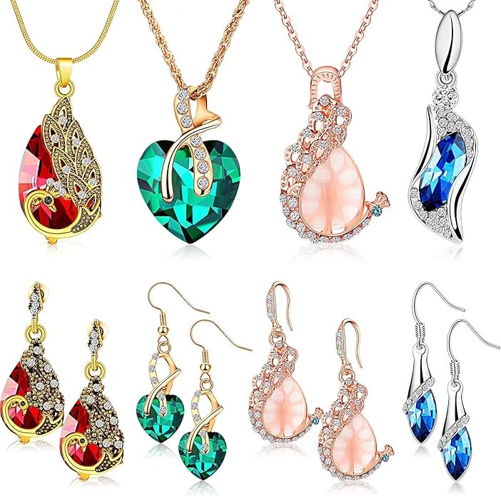 MTLEE 4 Set Peacock Jewelry Sets for Women Crystal Necklace Earrings Rhinestone Waterdrop Pendant Heart Charm Hook Earrings Indian Jewelry Set for Mother's Gift Valentine's Gifts Lover Ladies