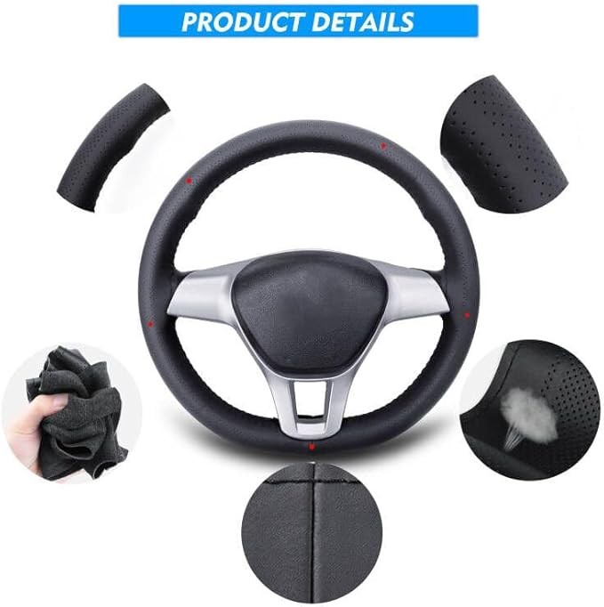 Carodi Leather Steering Wheel Cover, Breathable Non-Slip Design, Soft and Comfortable Feeling, Universal 15 Inch Auto Car Steering Wheel Stitch on Wrap（Size M, Black）
