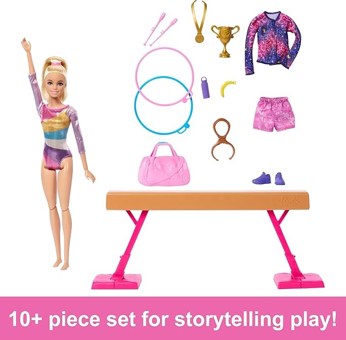 Barbie Gymnastics Doll & Accessories, Playset with Blonde Fashion Doll, C-Clip for Flipping Action, Balance Beam, Warm-Up Suit & More