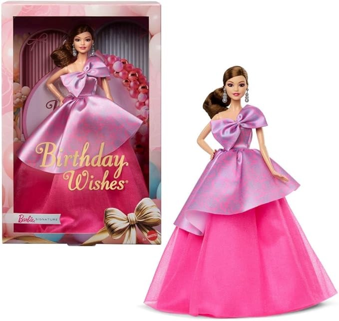 Barbie Signature Birthday Wishes Doll, Collectible Fashion Doll in Satiny, Pink Dress with Wavy Brown Hair and Giftable Packaging