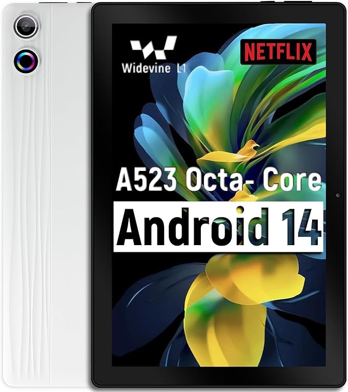 Tablet 10 inch Android 14, Octa-Core, 10GB RAM 64GB ROM 1TB Expandable, Widevine L1, 1280x800 IPS Touchscreen, BT 5.4, Dual Camera with Flash (White)