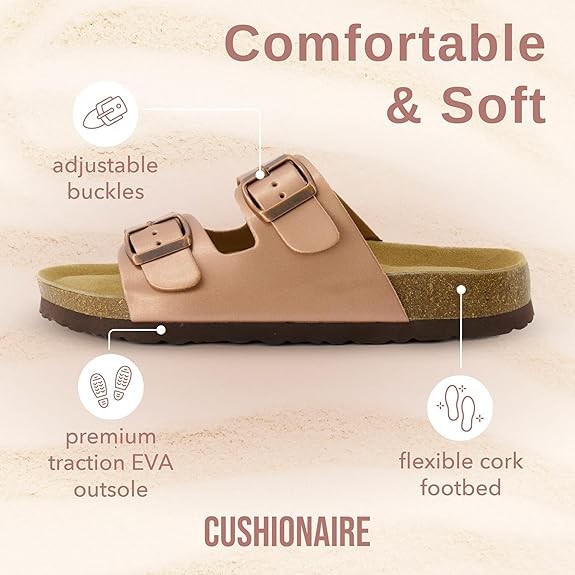 CUSHIONAIRE Lane Cork Footbed Sandals for Women – Comfortable Double Buckle Slip-On with Genuine Suede Footbed & Arch Support Slides for Women Footwear
