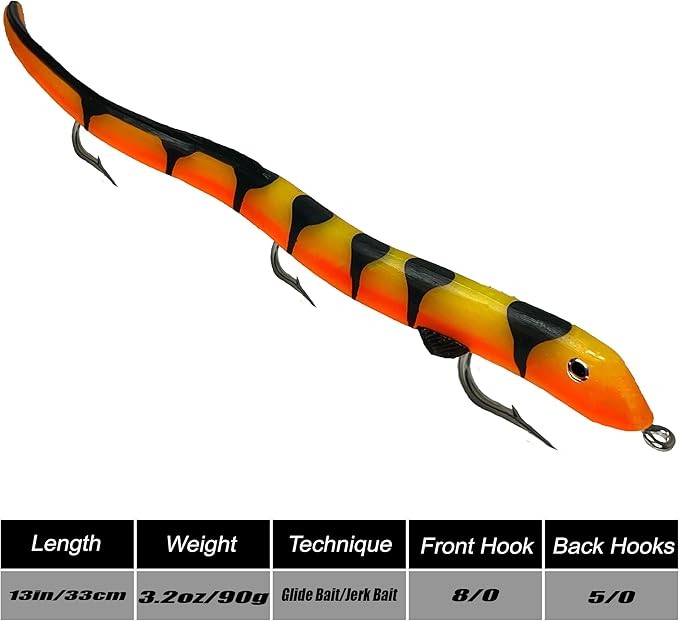 Delong Lures - 13" KILR EEL Musky Pike Cobia Soft Plastic Lure, Best Baits for Muskie Northern Pike Cobia Freshwater Saltwater