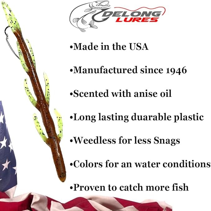 Delong Lures 6" Weedless Leggy KILR Fishing Worms for Bass, Pike, and Other Sport Fish, Soft Plastic for Bass Fishing, Pike Fishing Lures Baits Tackle Worms for Fishing