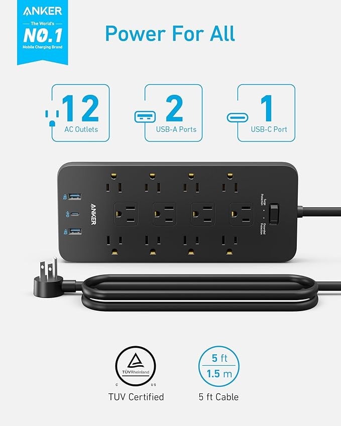 Anker Power Outlet Surge Protector (2100J), 12 Outlets with 2 USB A Ports and 1 USB C Port for Multiple Devices, 5-Foot Extension Cord, 20W Power Delivery, for Home, Office, Dorm, TUV Certified