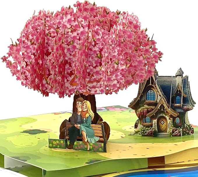 3D Pop-Up Couple in Love Under Cherry Blossom Tree | Anniversary Card for Wife, Husband, Her, Him | Wedding, Valentine’s Day, 6"x8" | Pop Up Mother’s Day Card for Wife