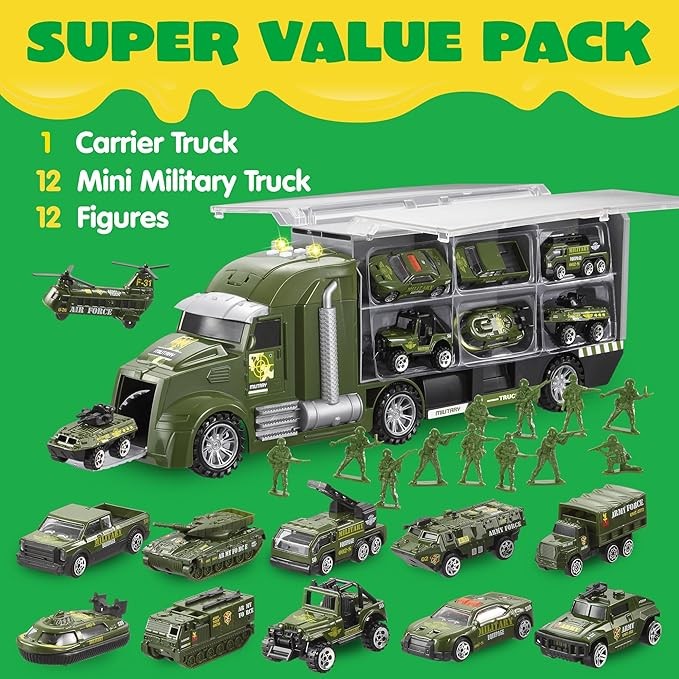 JOYIN 25 in 1 Green Military Big Truck Toys, Army Men Tanks Set with Soldier Men, Mini Battle Car Toy in Carrier Truck with Lights and Sounds, Gifts for Toddler Kids Boys Ages 3+