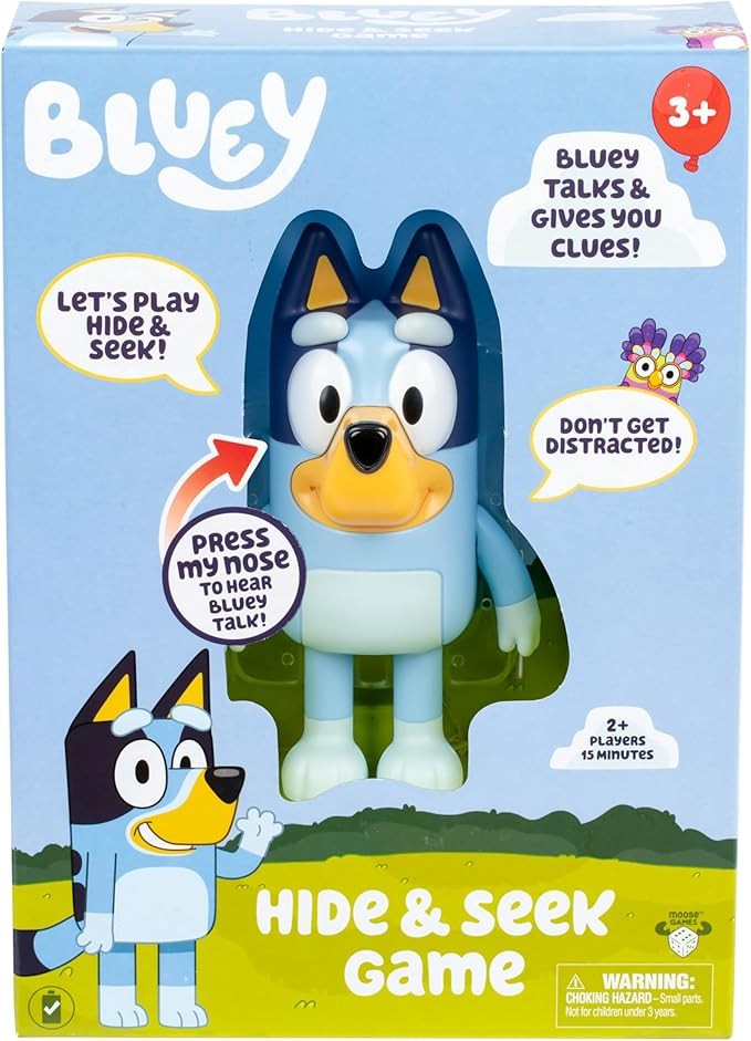 Bluey Hide & Seek Game, Hide The Figure and Press her Nose to Start The Built-in Timer, Talks and Giggles to Help Kids find her, When Found, Kids can Dance to Theme Song