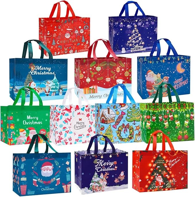 Heetobcos 12 Pack Christmas Gift Bags Large Reusable Tote Bags, Non-Wove Bags for New Year's Shopping, Christmas Surprise, Xmas Party Supplies,12.8"×9.8"×6.7"