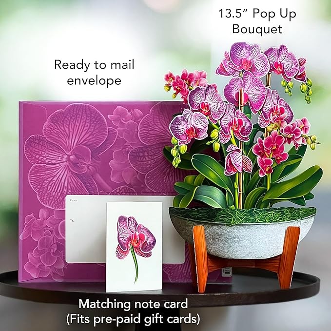 Freshcut Paper Pop Up Cards, Orchid Oasis, 12 Inch Life Sized Forever Flower Bouquet 3D Popup Greeting Card, Birthday Cards, Get Well Gifts, Blank Notecard & Envelope