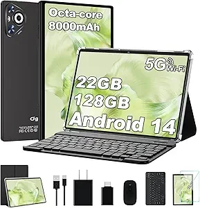 2025 Android 14 Tablet, 22GB RAM+128GB ROM+1TB Expand, 8000mAh Battery, 10.1 Inch Touchscreen, Octa-Core CPU, 2-in-1 Tablet with Keyboard&Mouse, Support BT5.0, GPS, WiFi - Black