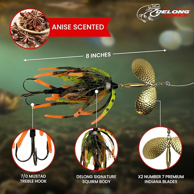 Delong Lures - The Berserker, Bucktail Fishing Lures - Bucktail Jig with Inline Spinner, Musky & Pike Baits Spinnerbaits, Tackle for Freshwater and Saltwater Fishing, Made in USA