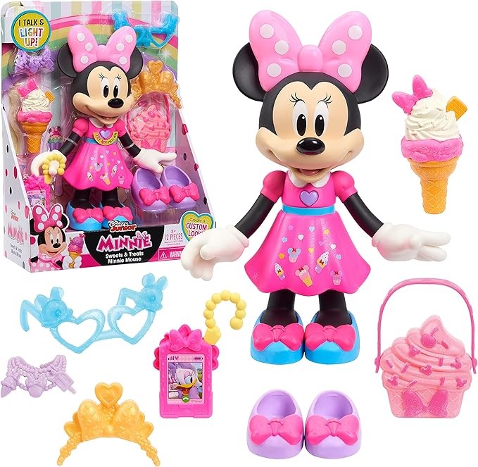 Disney Junior Sweets & Treats Minnie Mouse, Interactive 10-Inch Doll with Lights, Sounds, and Accessories, Kids Toys for Ages 3 Up, Amazon Exclusive by Just Play