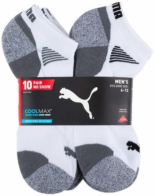 PUMA Mens No Show Socks, White 10 Pair, 13-15, (PUMA-12345-WHT-13-15)
