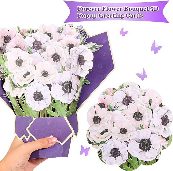 shynek Pop Up Flower Birthday Cards for Women, 12inch Anemone Paper Flower Bouquets 3D Popup Greeting Cards with Blank Note Card and Envelope for Mother's Day, Holiday Decorations, Graduations