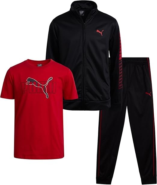 PUMA Boys Pants Set - 3 Piece Athletic T-Shirt, Zip Up Jacket, Jogger Pants - Boys Activewear Tricot Jogset (8-16)