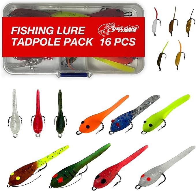 DELONG LURES 16-Piece Fishing Lure Tadpole Pack, Pre-Rigged Lures for Bass, Crappie, Blue Gill, and Panfish Fishing Tackle for All Species, Durable & Gift-Ready Freshwater Tackle Kit - Made in the USA